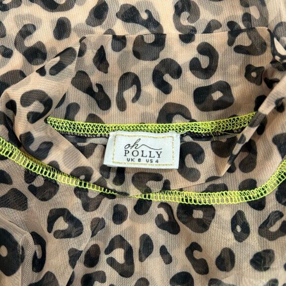 Oh Polly Leopard Mesh Bodysuit Size 4 Sheer Long Sleeve Snaps Y2K Clubwear - Picture 3 of 8